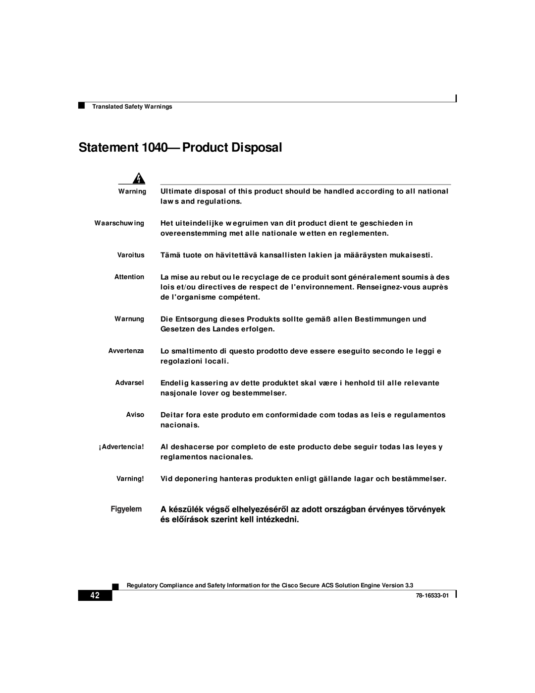 Cisco Systems CSACSE-1112-K9 manual Statement 1040-Product Disposal 