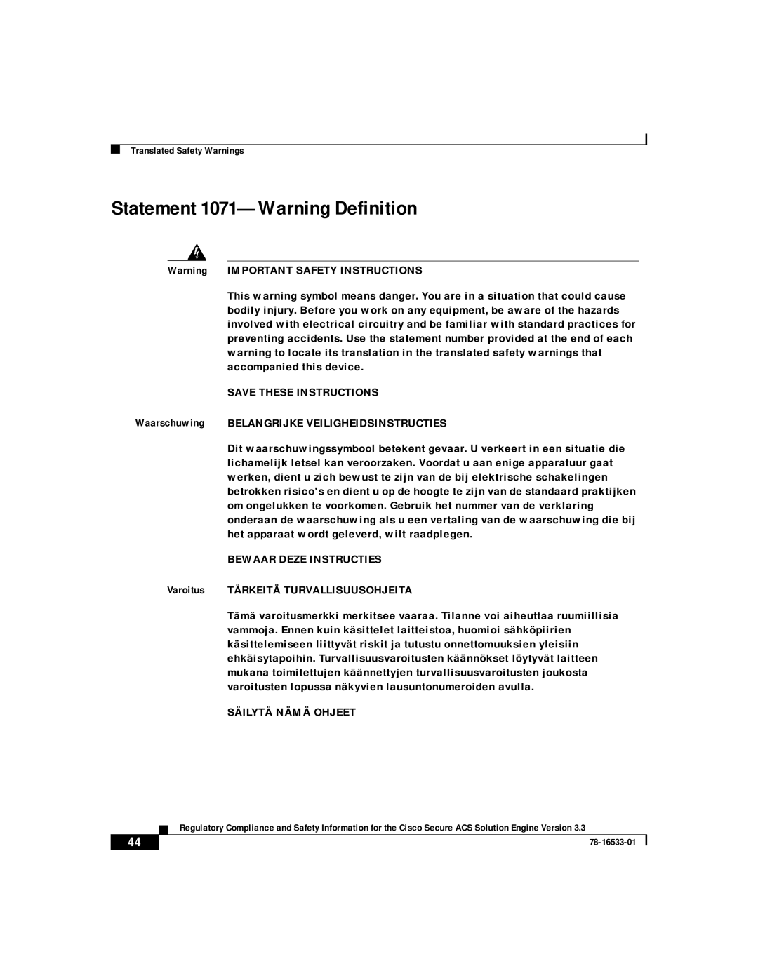 Cisco Systems CSACSE-1112-K9 manual Statement 1071-Warning Definition 