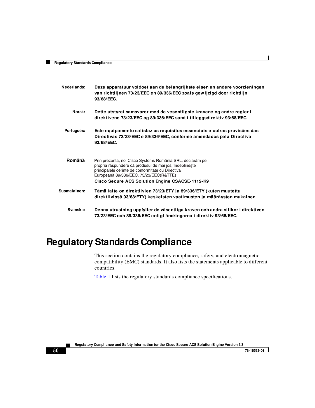 Cisco Systems CSACSE-1112-K9 manual Regulatory Standards Compliance 