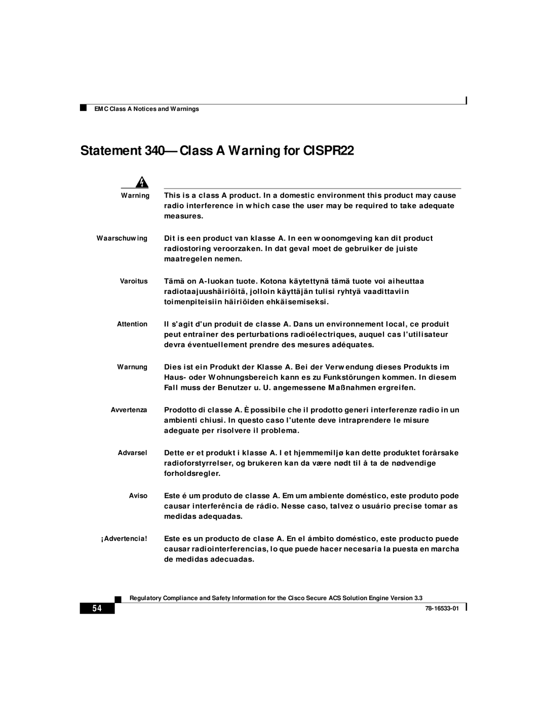 Cisco Systems CSACSE-1112-K9 manual Statement 340-Class A Warning for CISPR22 