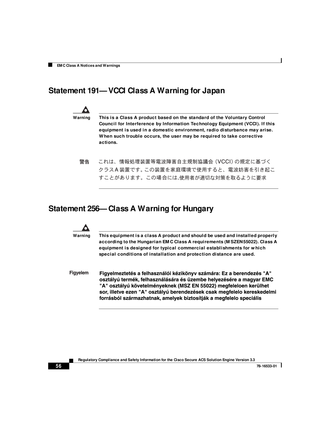 Cisco Systems CSACSE-1112-K9 manual Statement 191-VCCI Class A Warning for Japan, Statement 256-Class A Warning for Hungary 
