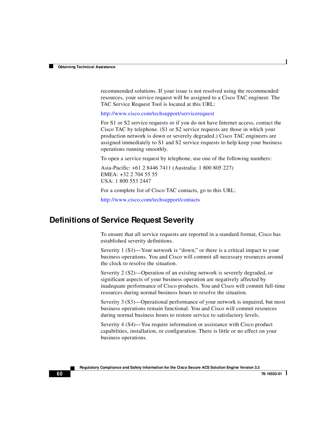 Cisco Systems CSACSE-1112-K9 manual Definitions of Service Request Severity 