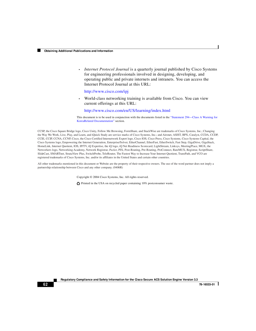 Cisco Systems CSACSE-1112-K9 manual Copyright 2004 Cisco Systems, Inc. All rights reserved 