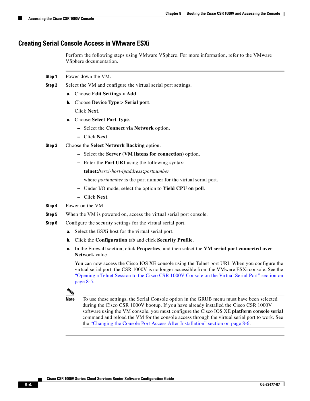 Cisco Systems CSR 1000V manual Creating Serial Console Access in VMware ESXi 