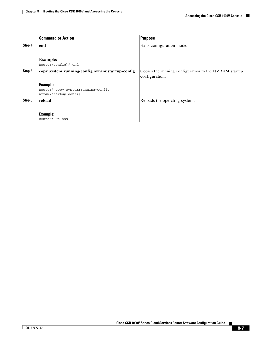 Cisco Systems CSR 1000V manual End Exits configuration mode Example, Reload Reloads the operating system, Routerconfig# end 