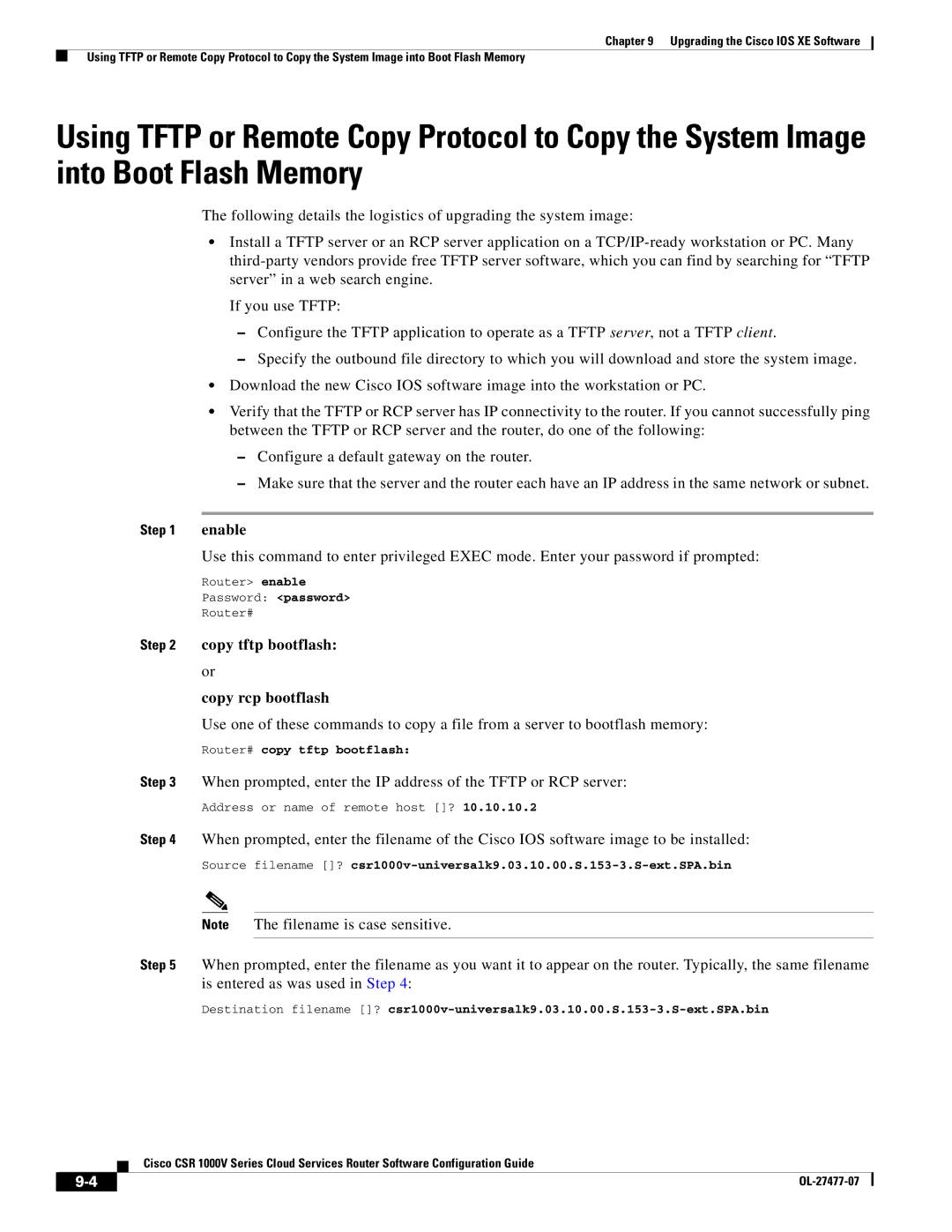 Cisco Systems CSR 1000V manual Copy tftp bootflash or Copy rcp bootflash, Router# copy tftp bootflash 