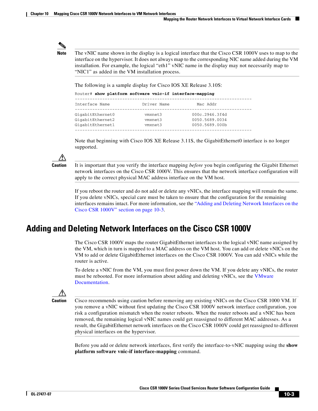 Cisco Systems CSR 1000V manual Adding and Deleting Network Interfaces on the Cisco CSR, 10-3 