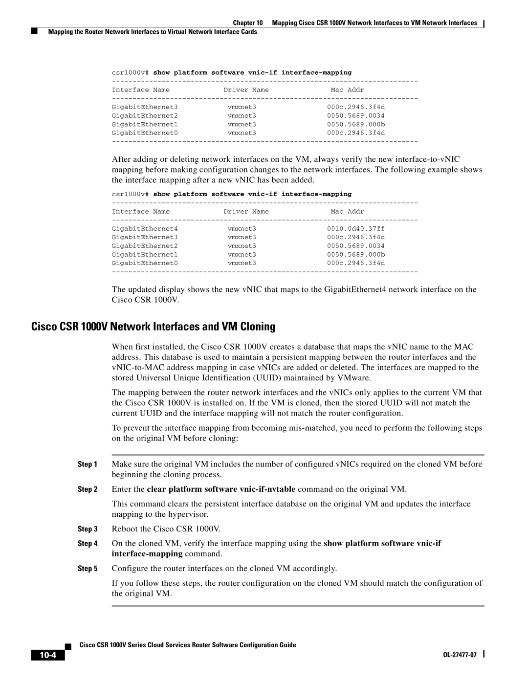 Cisco Systems manual Cisco CSR 1000V Network Interfaces and VM Cloning, 10-4 