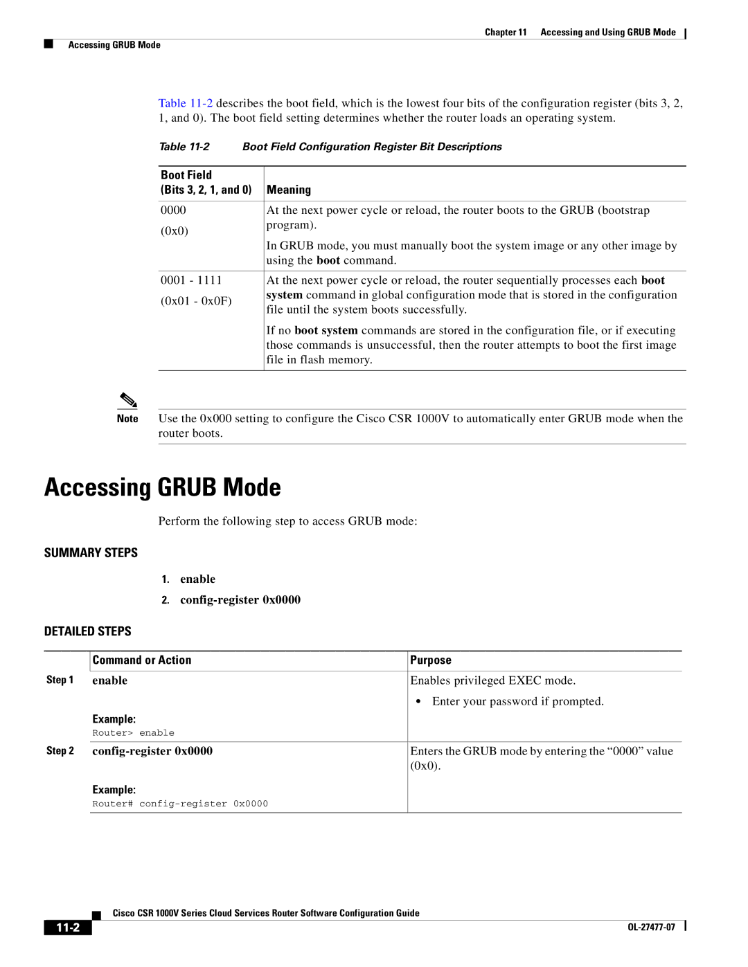 Cisco Systems CSR 1000V manual Accessing Grub Mode, Boot Field, Enable Config-register, 11-2 