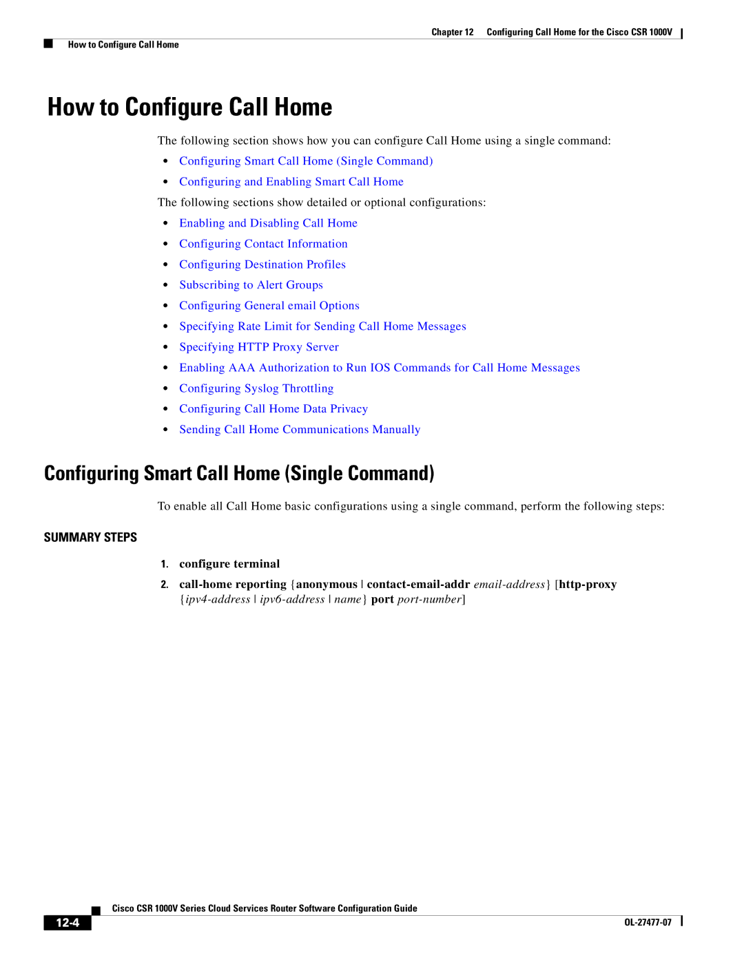 Cisco Systems CSR 1000V manual How to Configure Call Home, Configuring Smart Call Home Single Command, 12-4 