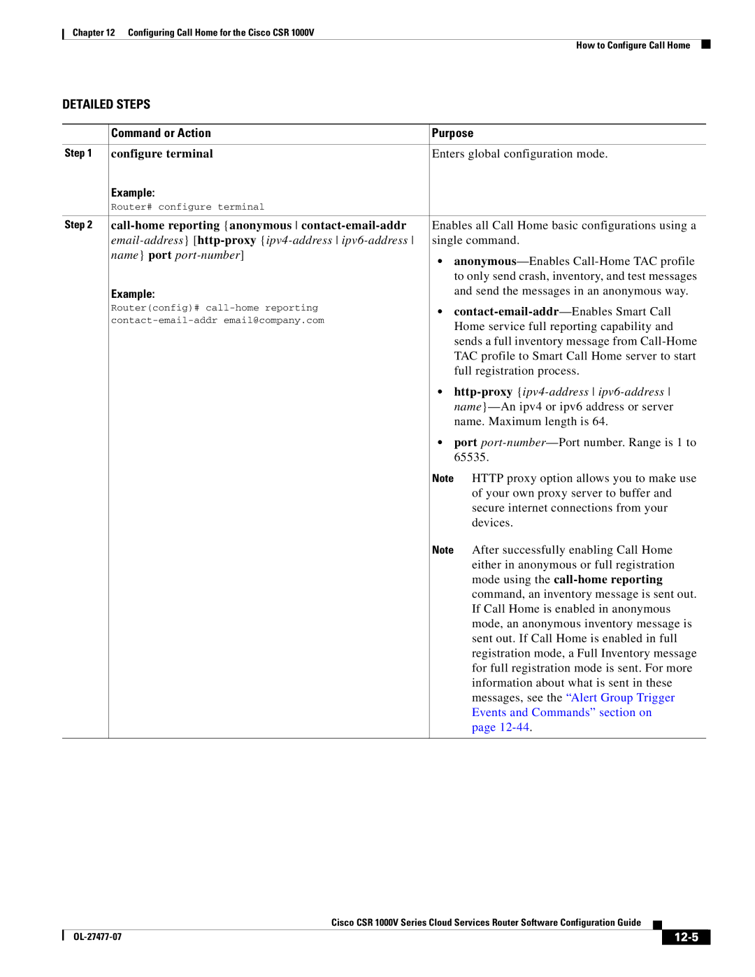 Cisco Systems CSR 1000V manual Call-home reporting anonymous contact-email-addr, Mode using the call-home reporting, 12-5 