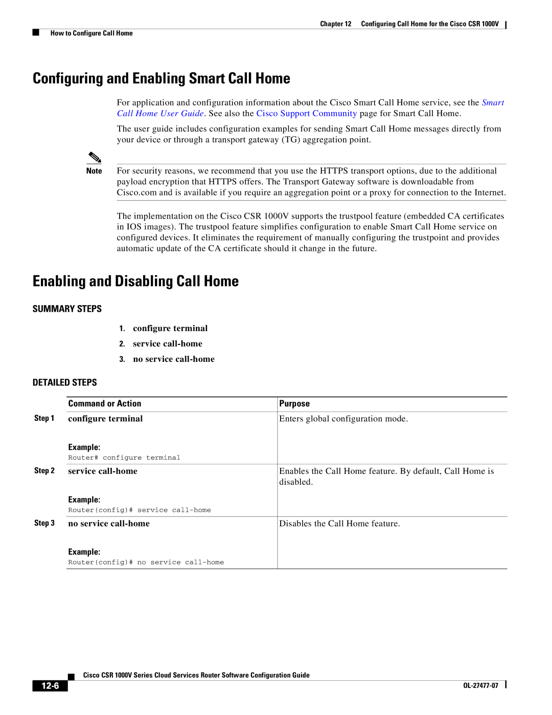 Cisco Systems CSR 1000V manual Configuring and Enabling Smart Call Home, Enabling and Disabling Call Home, 12-6 