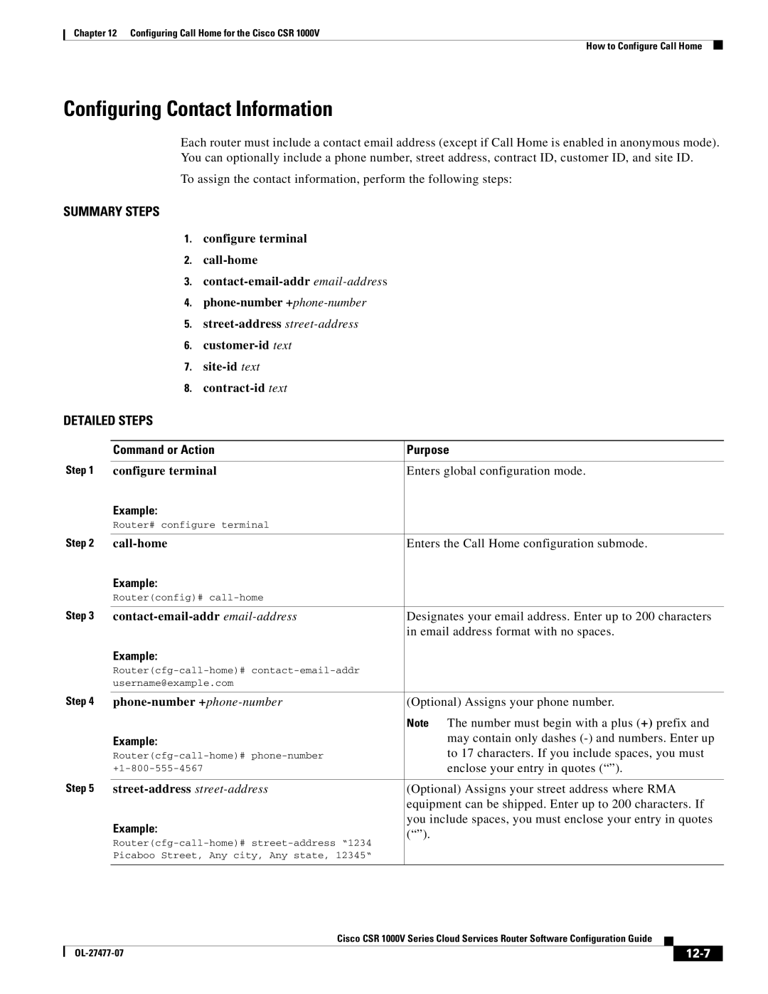 Cisco Systems CSR 1000V manual Configuring Contact Information, Phone-number + phone-number, 12-7 