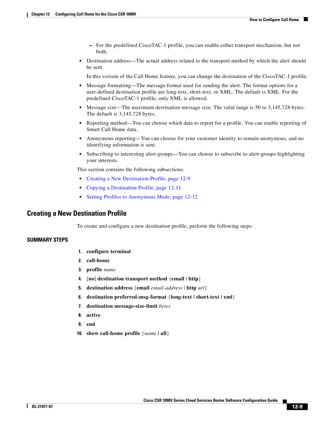 Cisco Systems CSR 1000V manual Creating a New Destination Profile, 12-9 