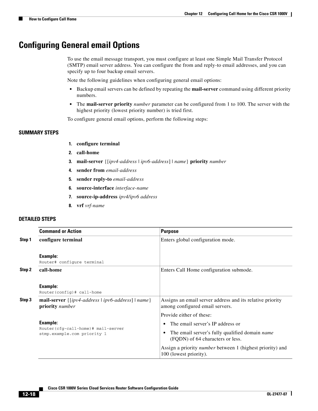 Cisco Systems CSR 1000V manual Configuring General email Options, Priority number, 12-18 