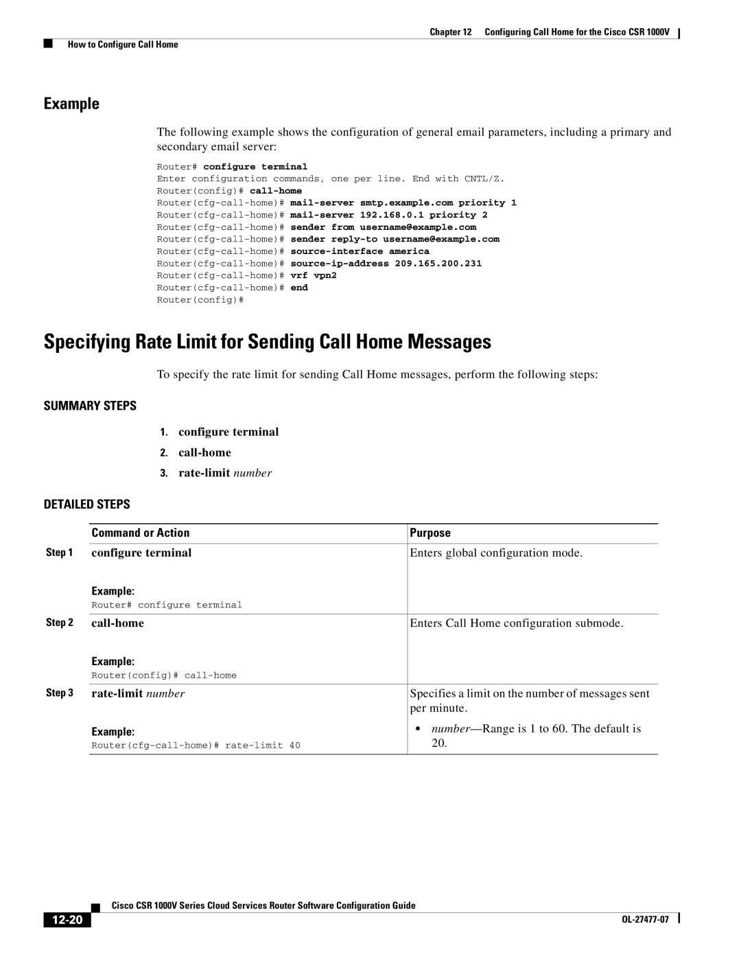 Cisco Systems CSR 1000V manual Specifying Rate Limit for Sending Call Home Messages, 12-20 