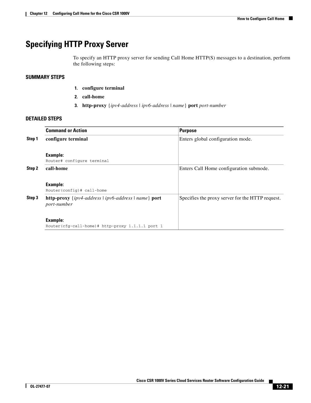 Cisco Systems CSR 1000V manual Specifying Http Proxy Server, Specifies the proxy server for the Http request, 12-21 