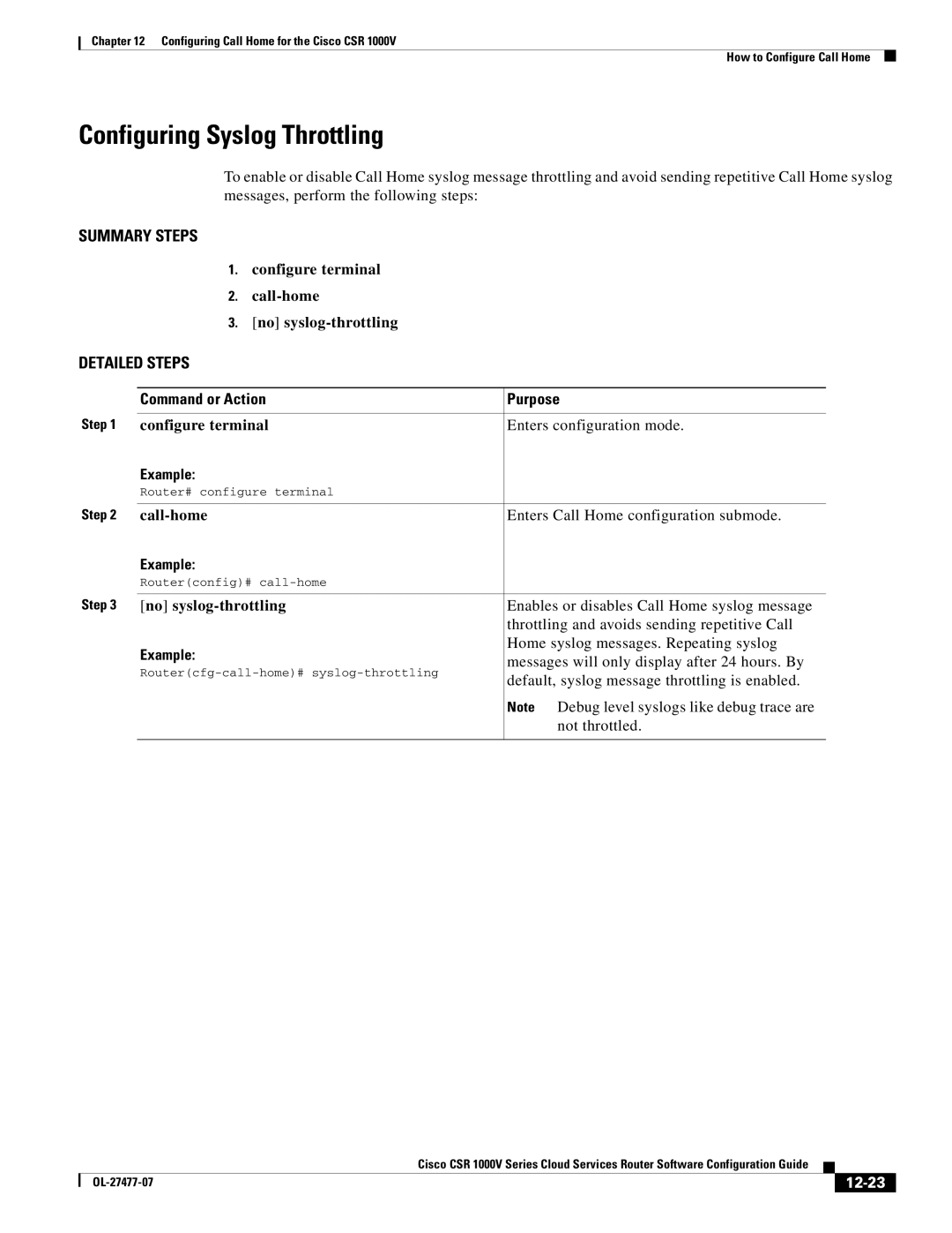 Cisco Systems CSR 1000V manual Configuring Syslog Throttling, Configure terminal Call-home No syslog-throttling, 12-23 