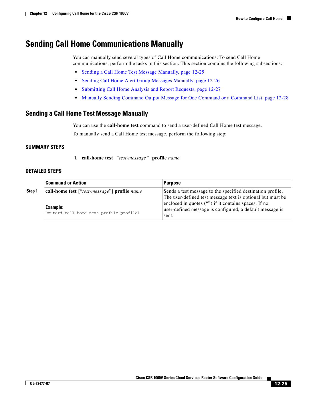 Cisco Systems CSR 1000V manual Sending Call Home Communications Manually, Sending a Call Home Test Message Manually, 12-25 