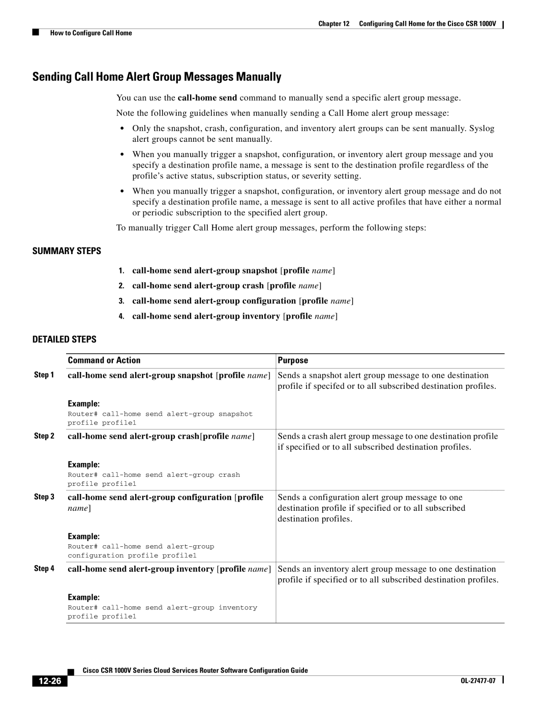 Cisco Systems CSR 1000V Sending Call Home Alert Group Messages Manually, Call-home send alert-group snapshot profile name 