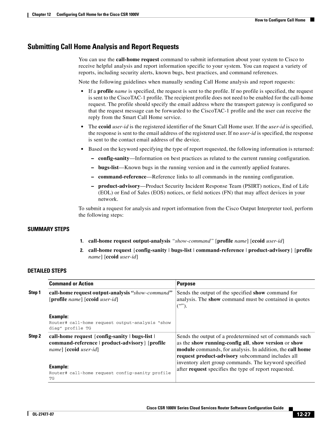 Cisco Systems CSR 1000V manual Submitting Call Home Analysis and Report Requests, 12-27 