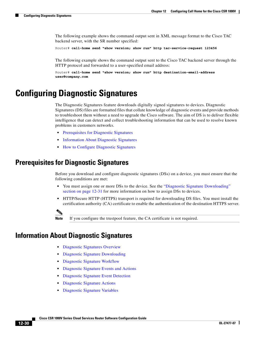 Cisco Systems CSR 1000V manual Configuring Diagnostic Signatures, Prerequisites for Diagnostic Signatures, 12-30 