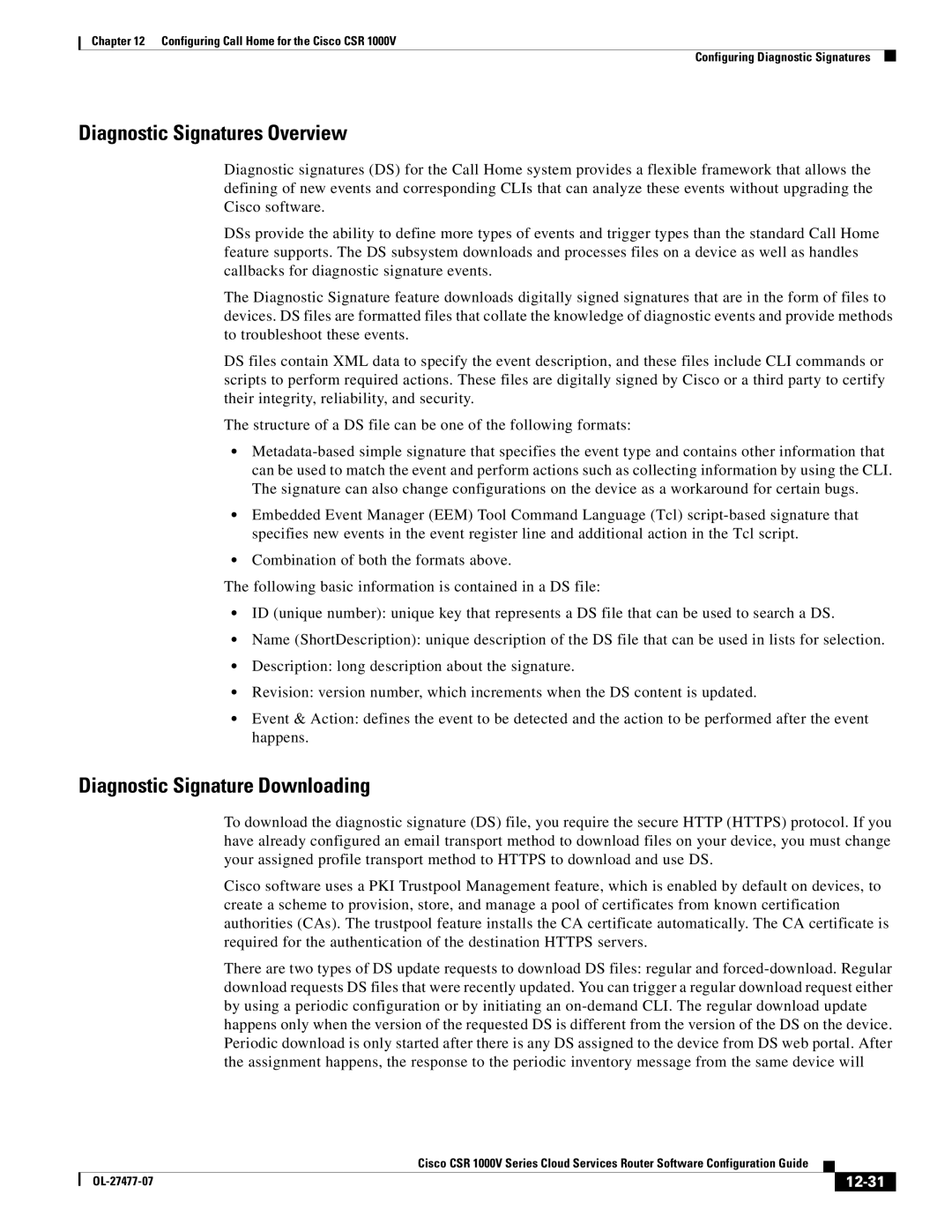 Cisco Systems CSR 1000V manual Diagnostic Signatures Overview, Diagnostic Signature Downloading, 12-31 