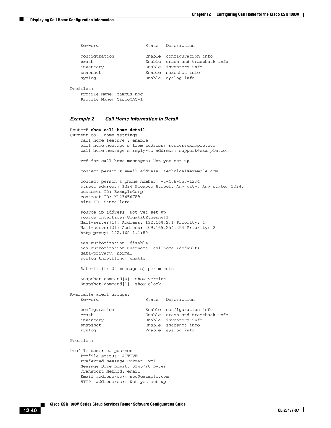 Cisco Systems CSR 1000V manual 12-40, Example 2 Call Home Information in Detail 