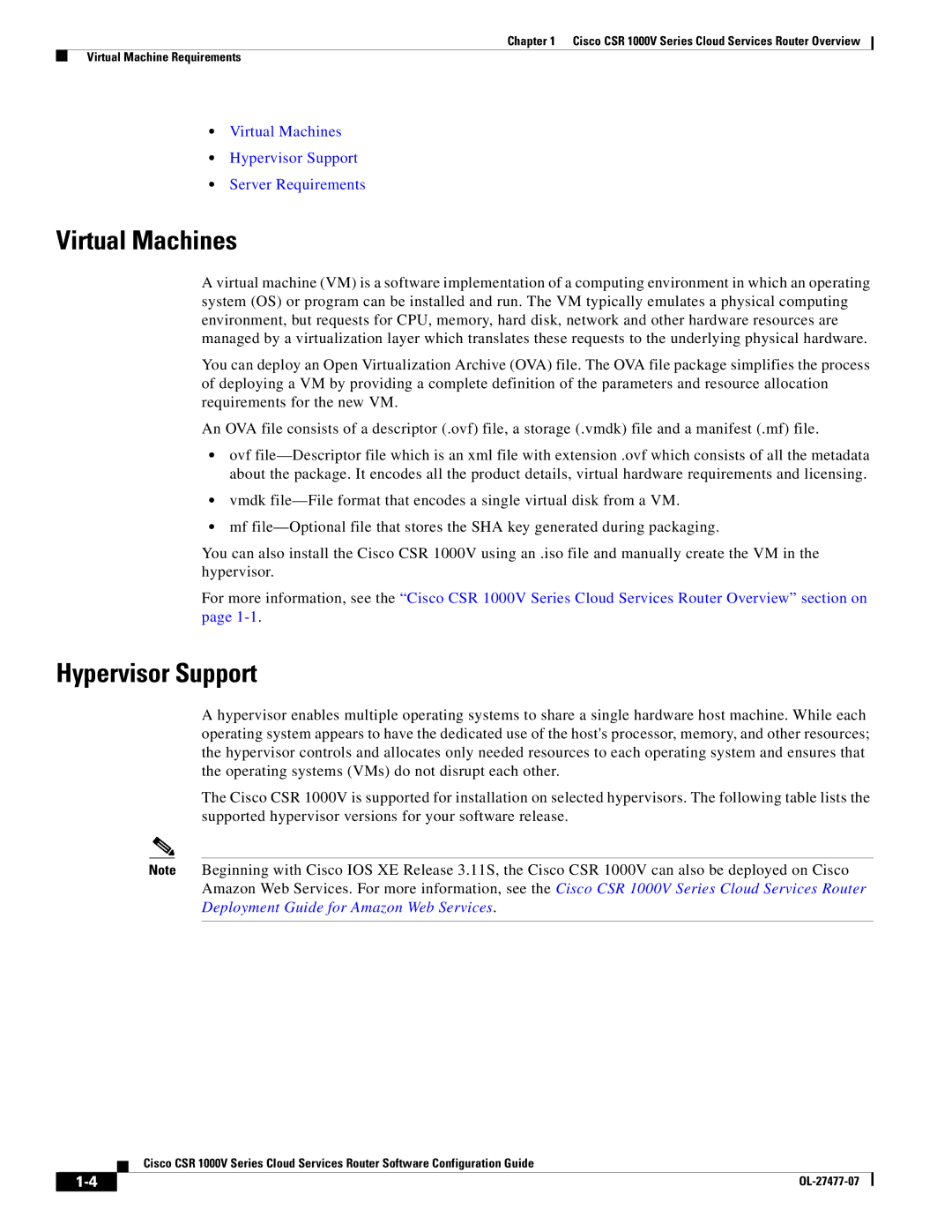 Cisco Systems CSR 1000V manual Virtual Machines, Hypervisor Support 