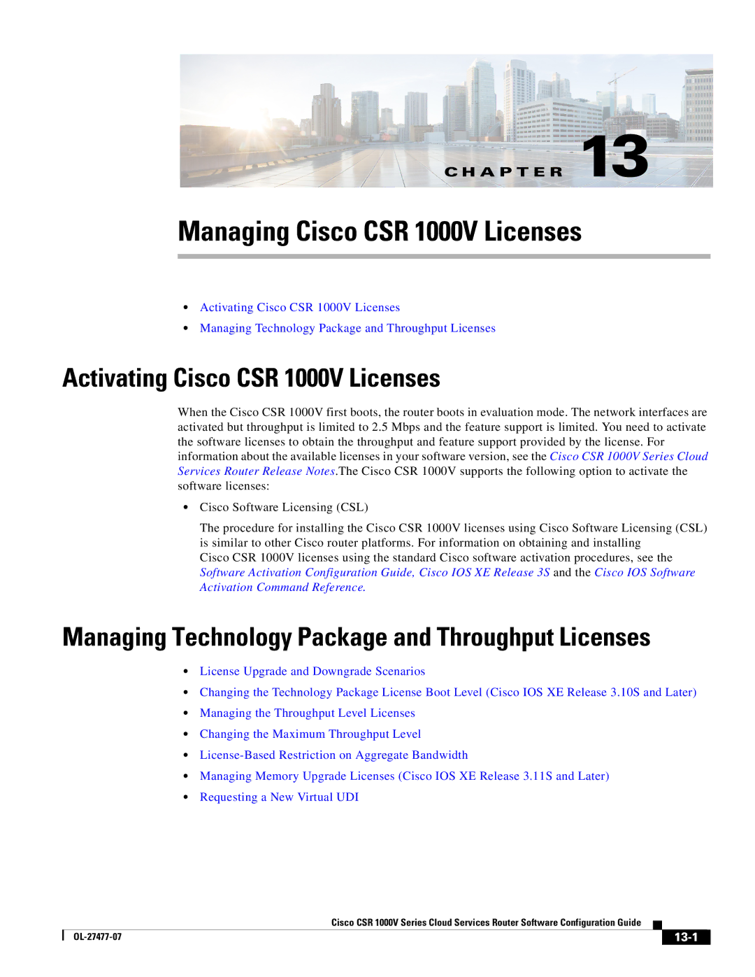 Cisco Systems manual Activating Cisco CSR 1000V Licenses, 13-1 