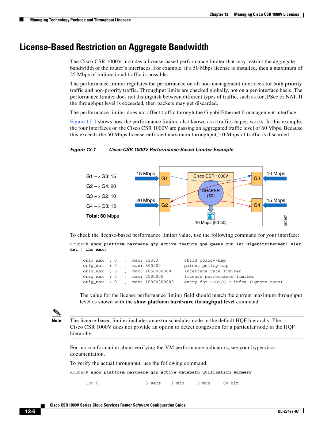 Cisco Systems CSR 1000V manual License-Based Restriction on Aggregate Bandwidth, 13-6 