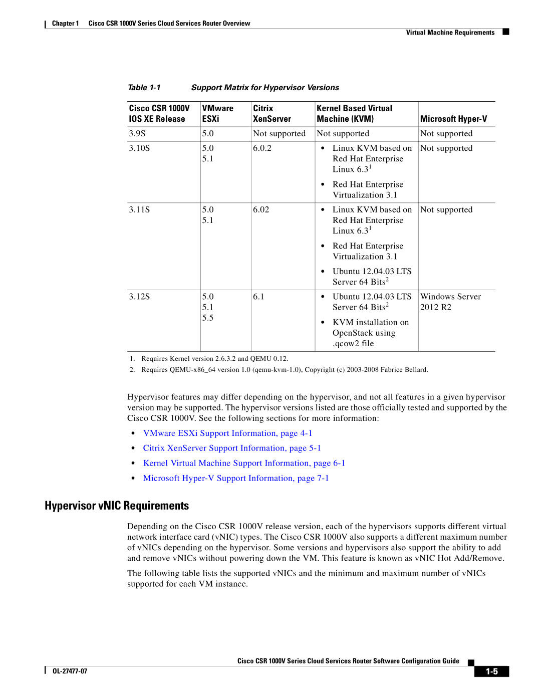 Cisco Systems CSR 1000V manual Hypervisor vNIC Requirements, VMware Citrix Kernel Based Virtual 