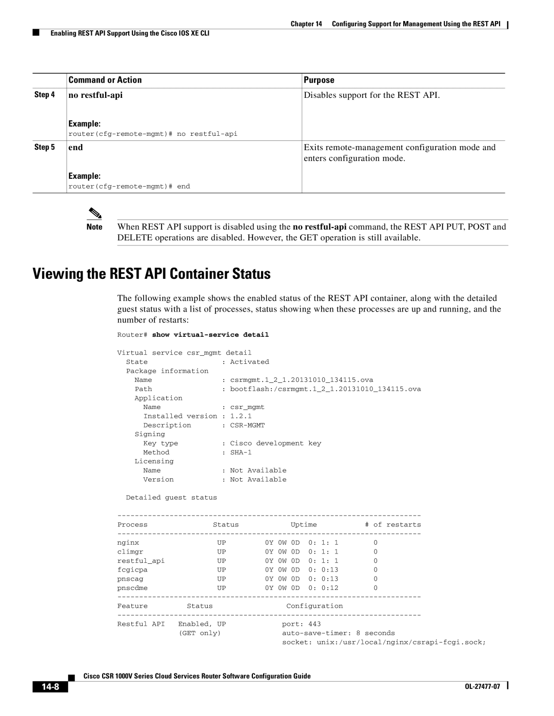 Cisco Systems CSR 1000V manual Viewing the Rest API Container Status, Disables support for the Rest API, 14-8 