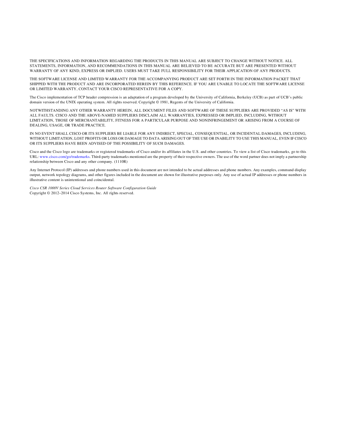 Cisco Systems CSR 1000V manual Copyright 2012-2014 Cisco Systems, Inc. All rights reserved 