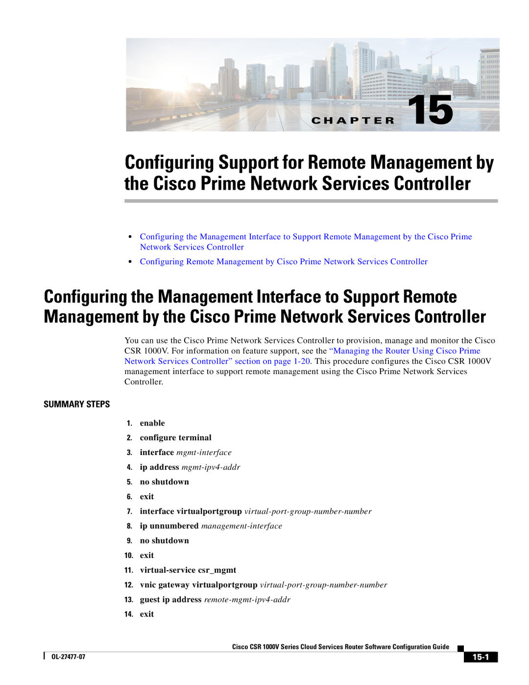 Cisco Systems CSR 1000V manual No shutdown Exit Virtual-service csrmgmt, 15-1 