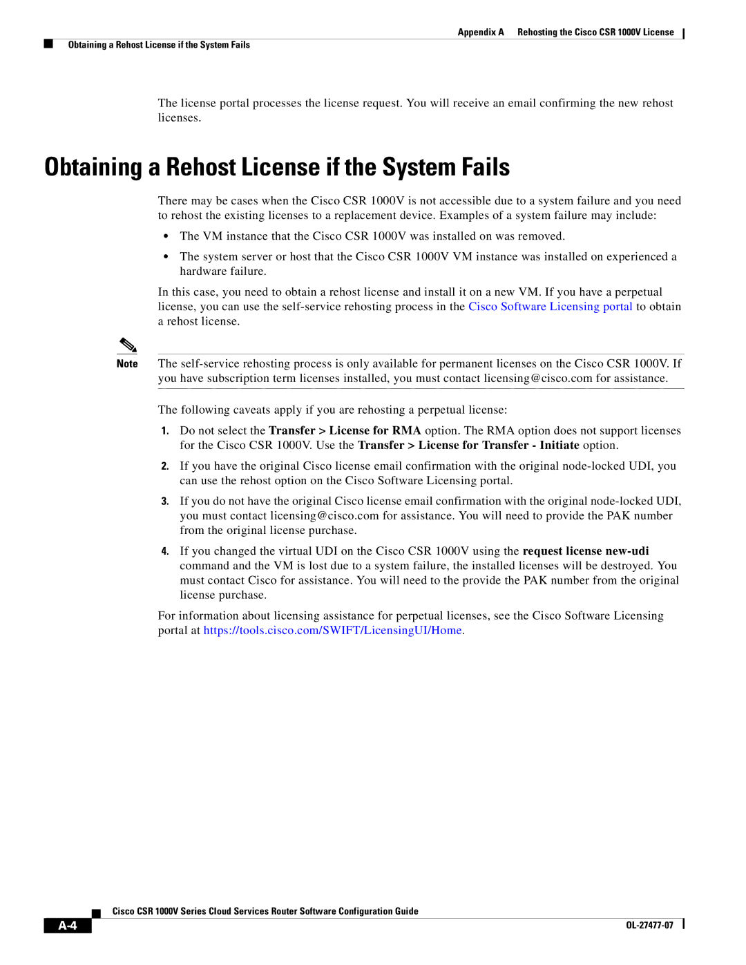 Cisco Systems CSR 1000V manual Obtaining a Rehost License if the System Fails 