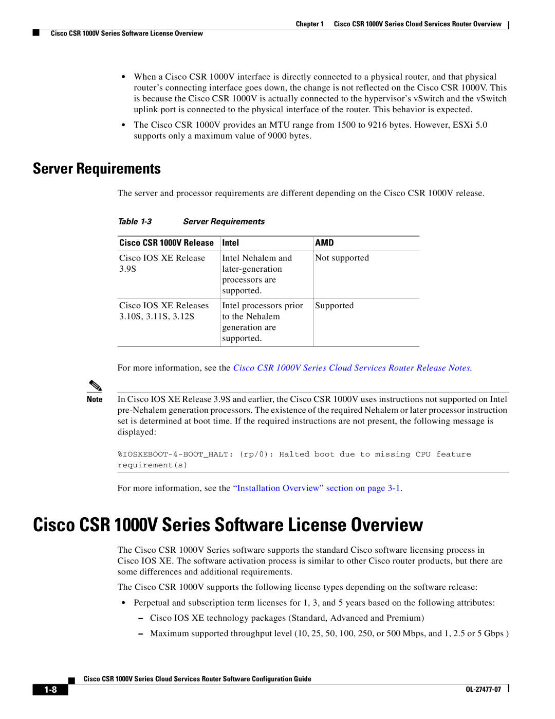 Cisco Systems manual Cisco CSR 1000V Series Software License Overview, Server Requirements, Intel 