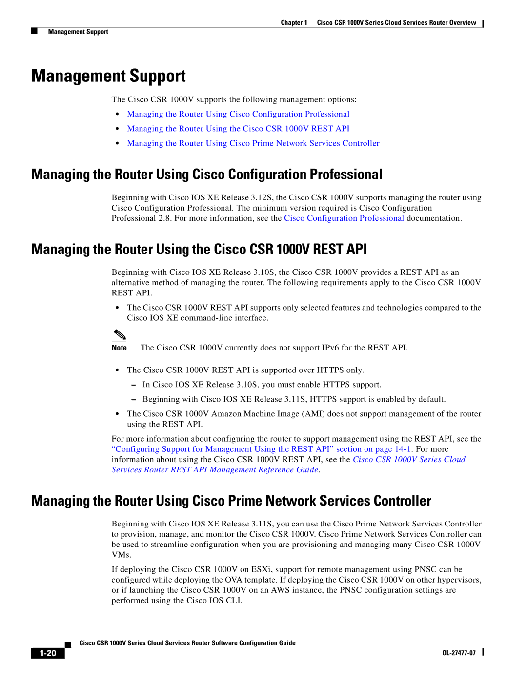 Cisco Systems CSR 1000V manual Management Support, Managing the Router Using Cisco Configuration Professional 