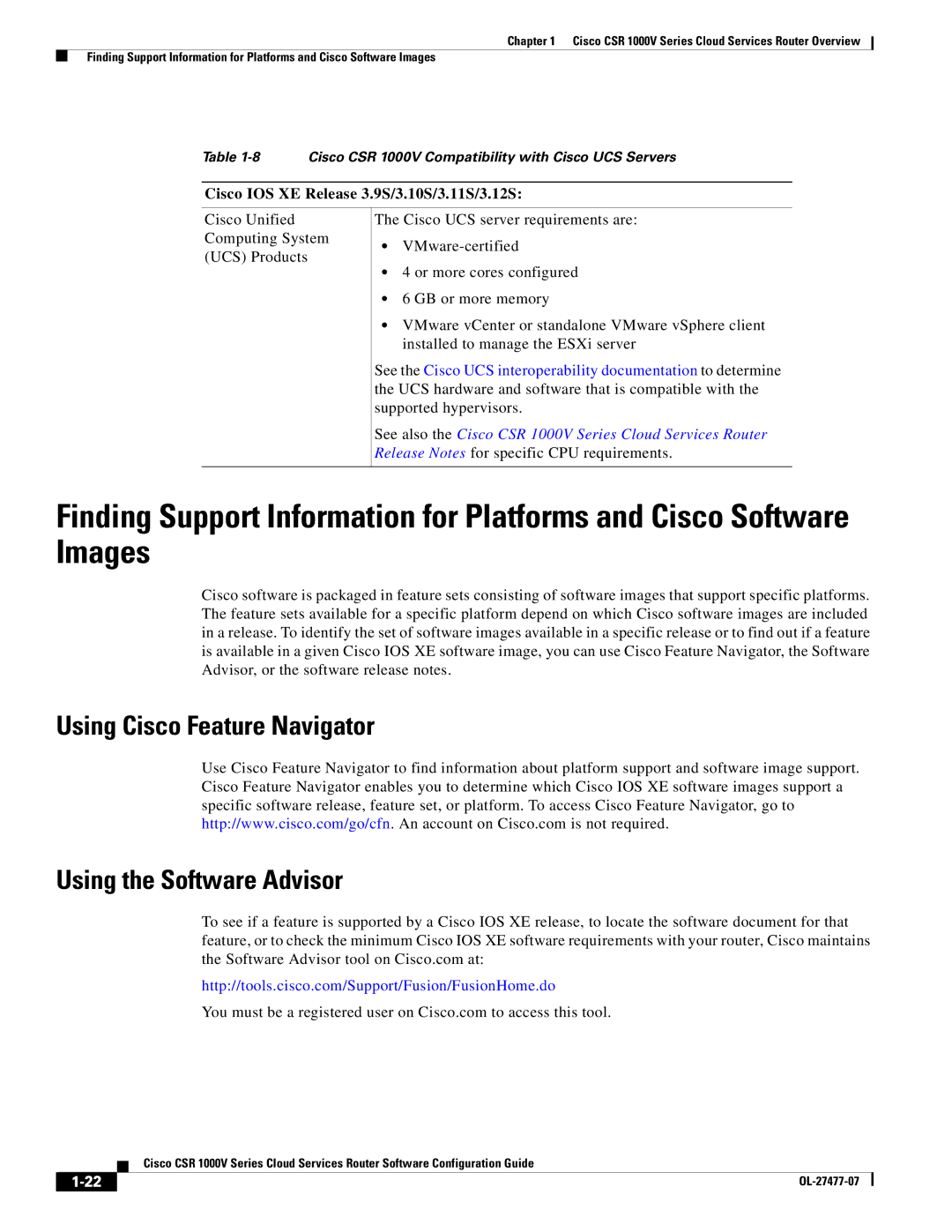 Cisco Systems CSR 1000V manual Using Cisco Feature Navigator Using the Software Advisor 