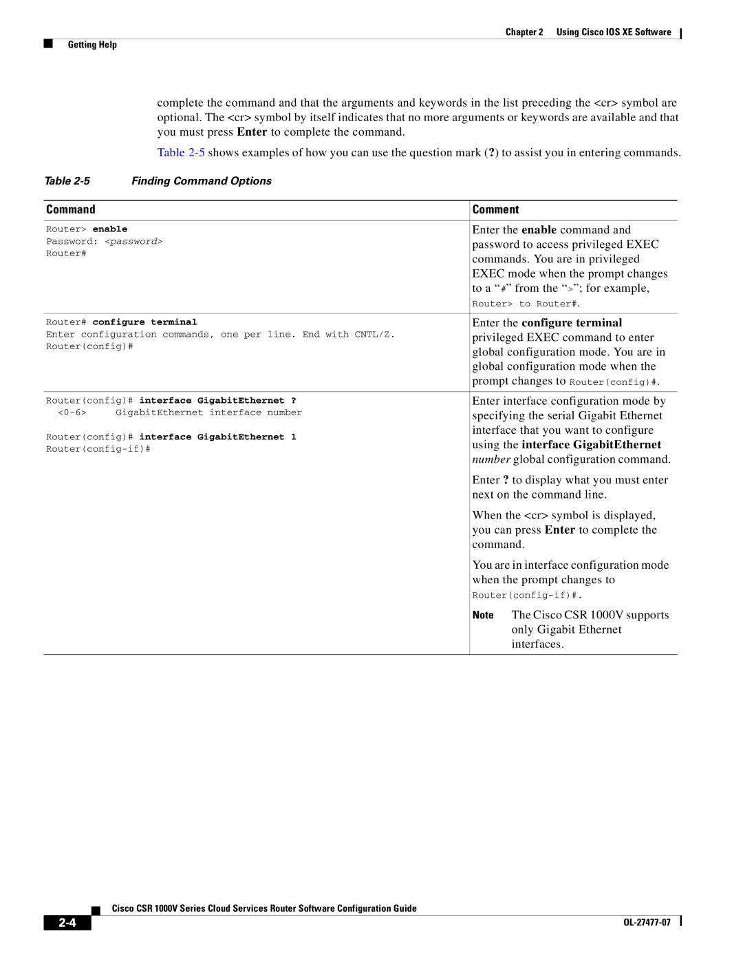 Cisco Systems CSR 1000V manual Command Comment, Enter the configure terminal, Using the interface GigabitEthernet 