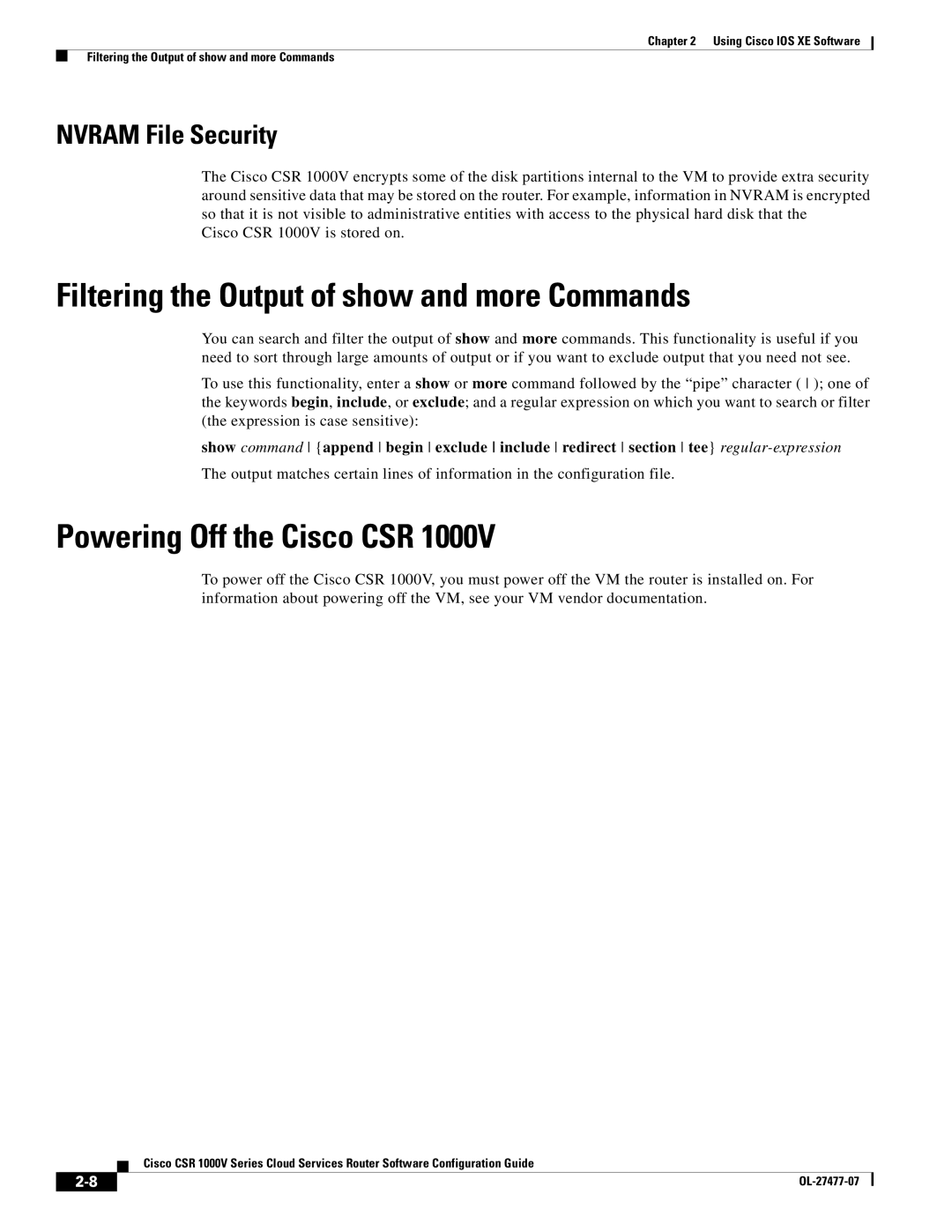 Cisco Systems CSR 1000V Filtering the Output of show and more Commands, Powering Off the Cisco CSR, Nvram File Security 