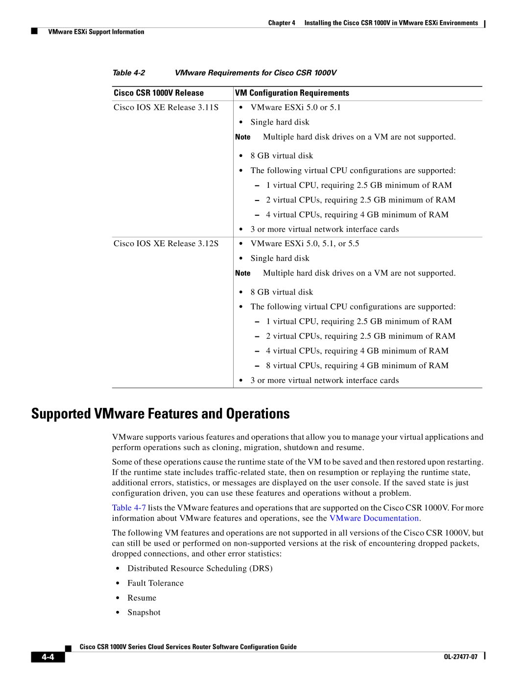 Cisco Systems CSR 1000V manual Supported VMware Features and Operations, Virtual CPUs, requiring 2.5 GB minimum of RAM 