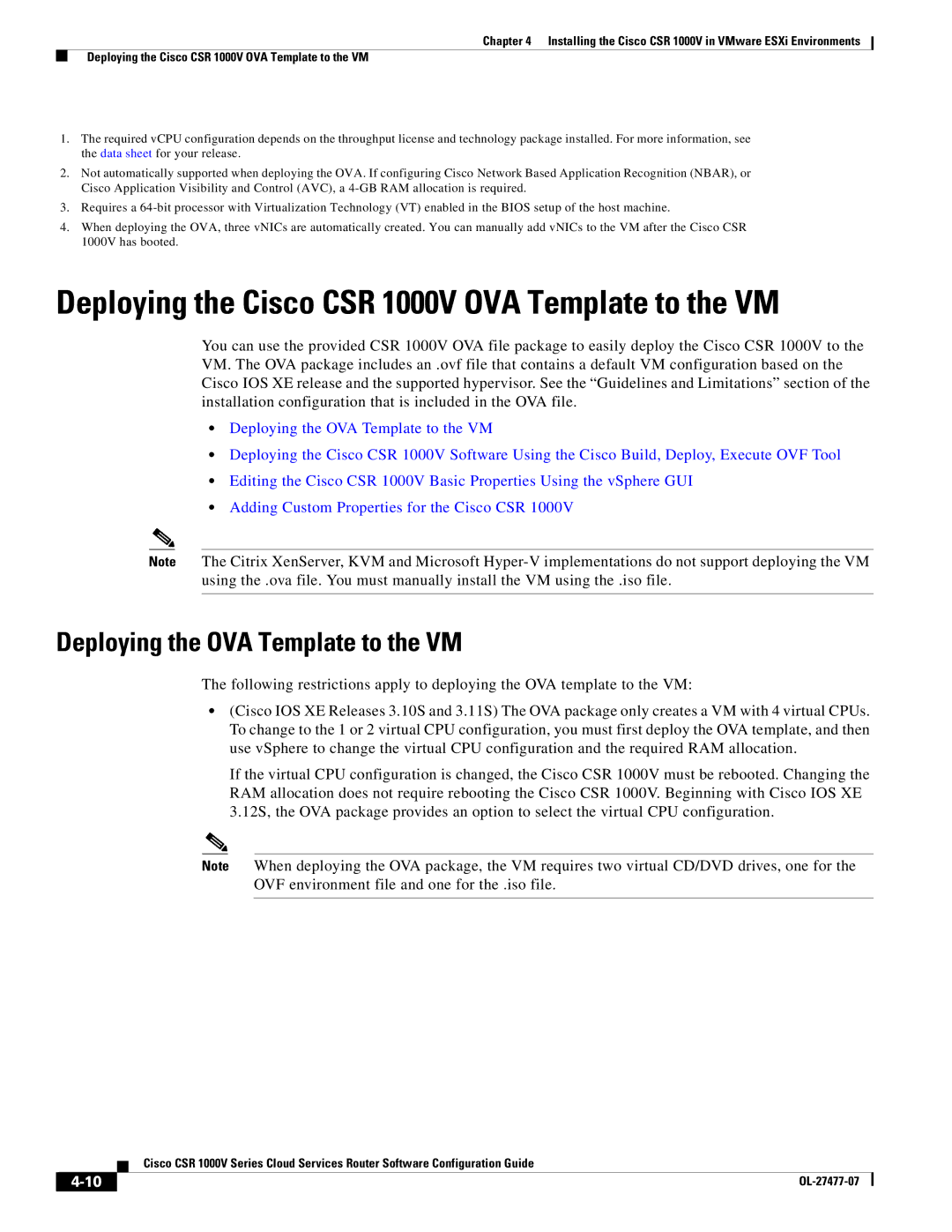 Cisco Systems manual Deploying the Cisco CSR 1000V OVA Template to the VM, Deploying the OVA Template to the VM 