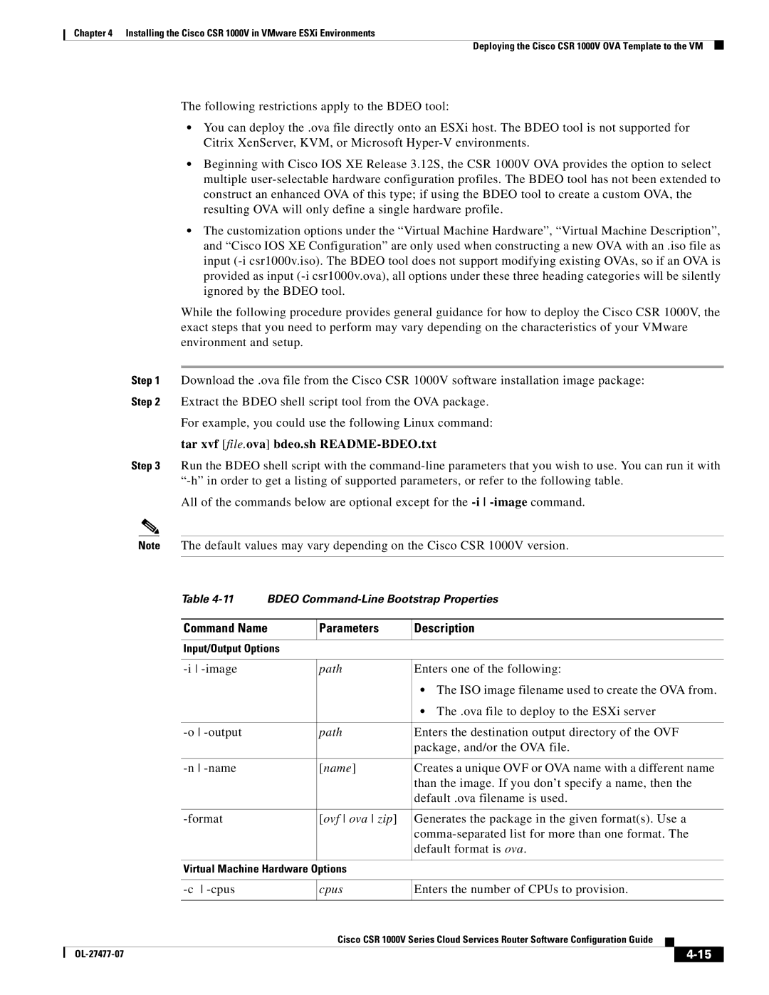 Cisco Systems CSR 1000V manual Tar xvf file.ova bdeo.sh README-BDEO.txt, Command Name Parameters Description 