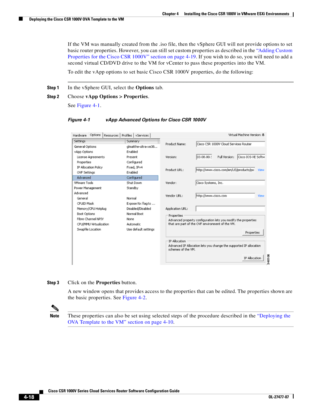 Cisco Systems CSR 1000V manual Choose vApp Options Properties, See Figure 