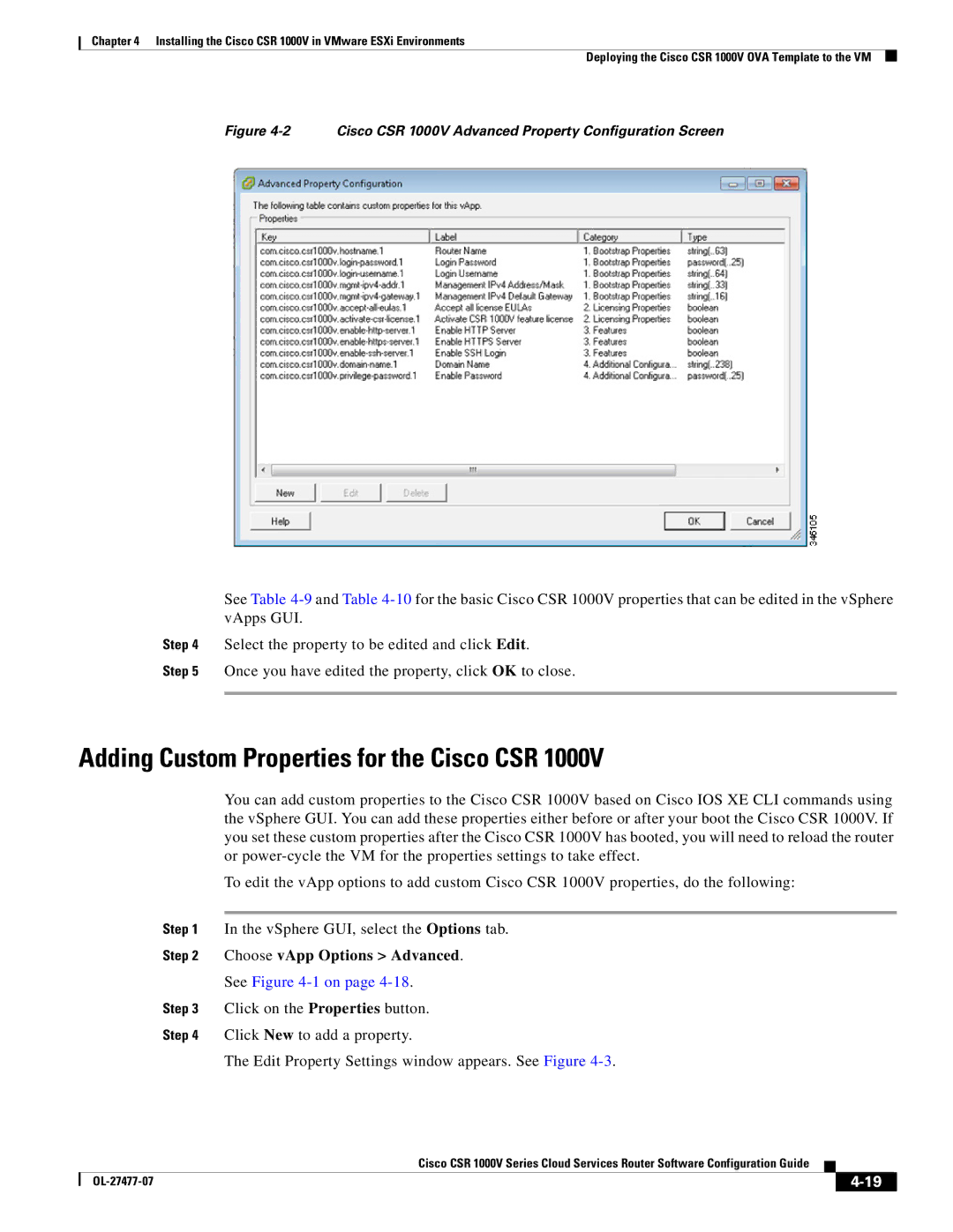 Cisco Systems CSR 1000V manual Adding Custom Properties for the Cisco CSR, Choose vApp Options Advanced 