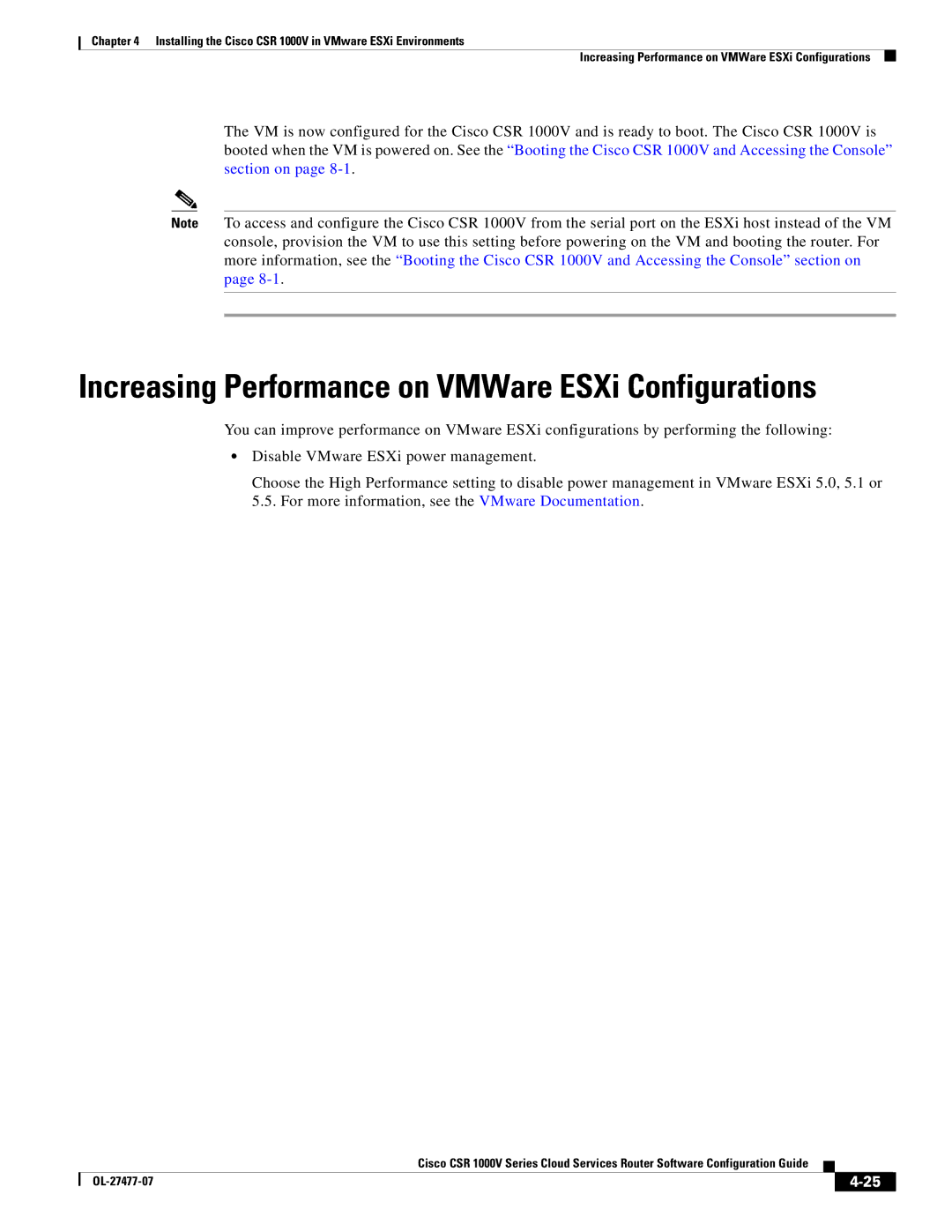 Cisco Systems CSR 1000V manual Increasing Performance on VMWare ESXi Configurations 