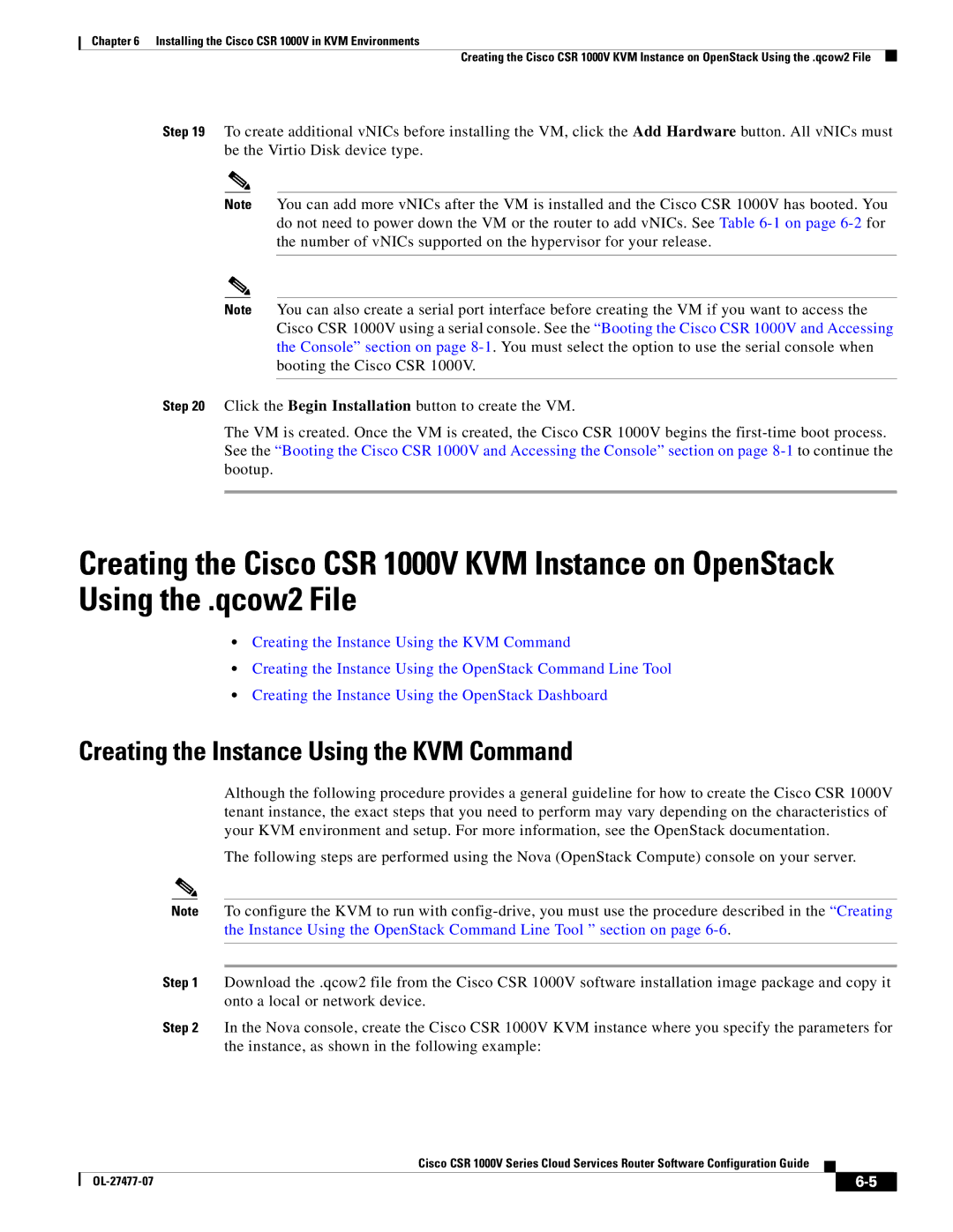 Cisco Systems CSR 1000V manual Creating the Instance Using the KVM Command 