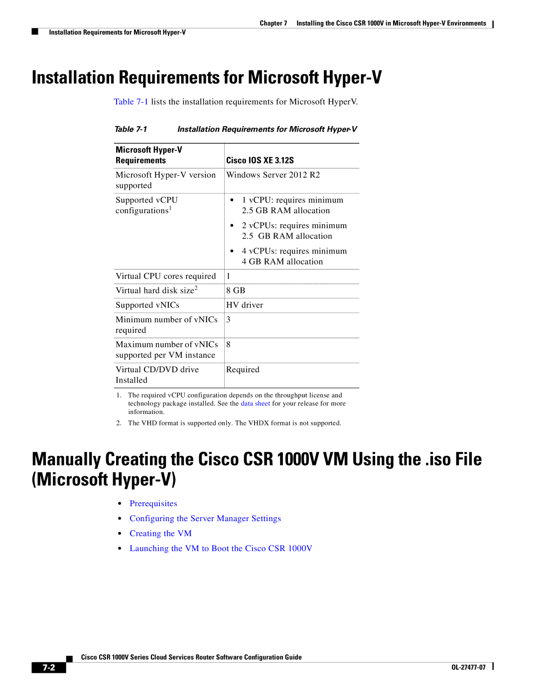 Cisco Systems CSR 1000V Installation Requirements for Microsoft Hyper-V, Microsoft Hyper-V Requirements Cisco IOS XE 3.12S 