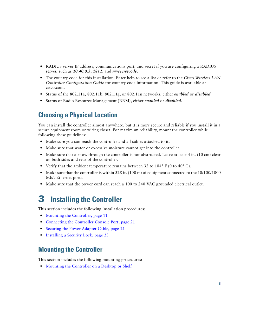 Cisco Systems 2500, AIR-CT2504-5-K9 manual Choosing a Physical Location, Mounting the Controller 